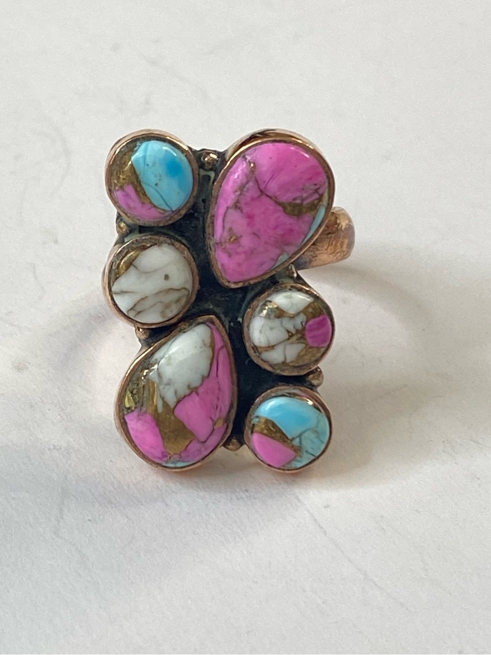 Cotton Candy Turquoise Copper Adjustable Ring Boho Statement